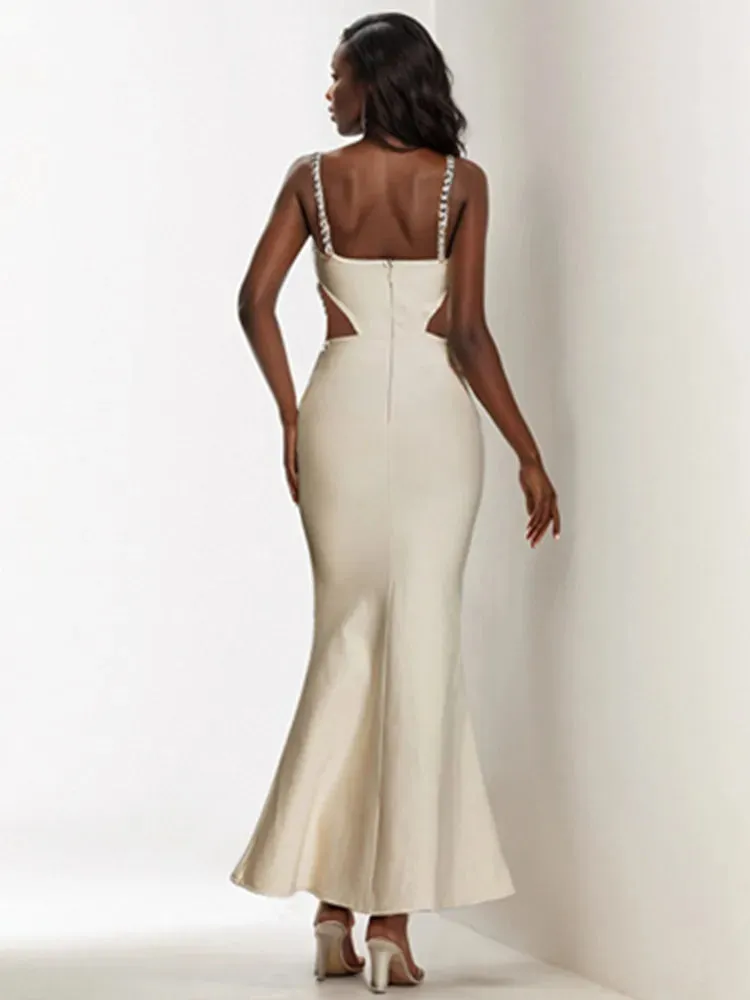 New Fashion Sexy Evening Dress Beading Cut Out Diamonds Beige Long Maxi Bandage Dress Elegant Evening Wedding Party Prom Dress