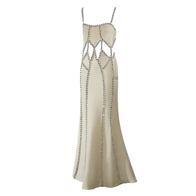 New Fashion Sexy Evening Dress Beading Cut Out Diamonds Beige Long Maxi Bandage Dress Elegant Evening Wedding Party Prom Dress