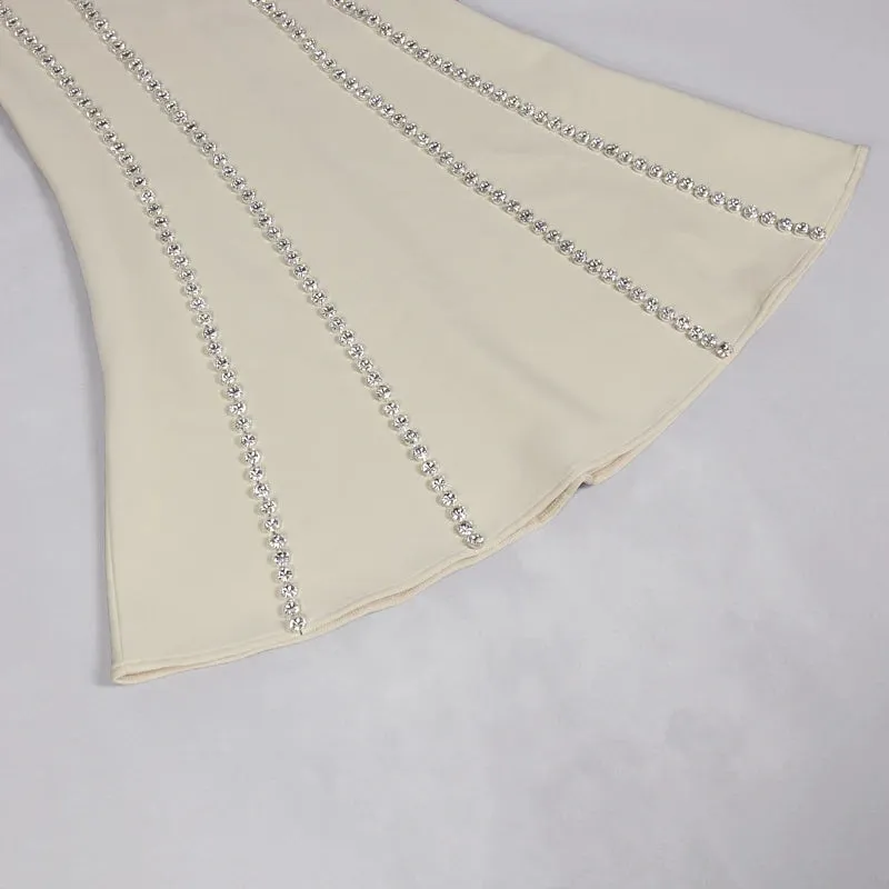New Fashion Sexy Evening Dress Beading Cut Out Diamonds Beige Long Maxi Bandage Dress Elegant Evening Wedding Party Prom Dress