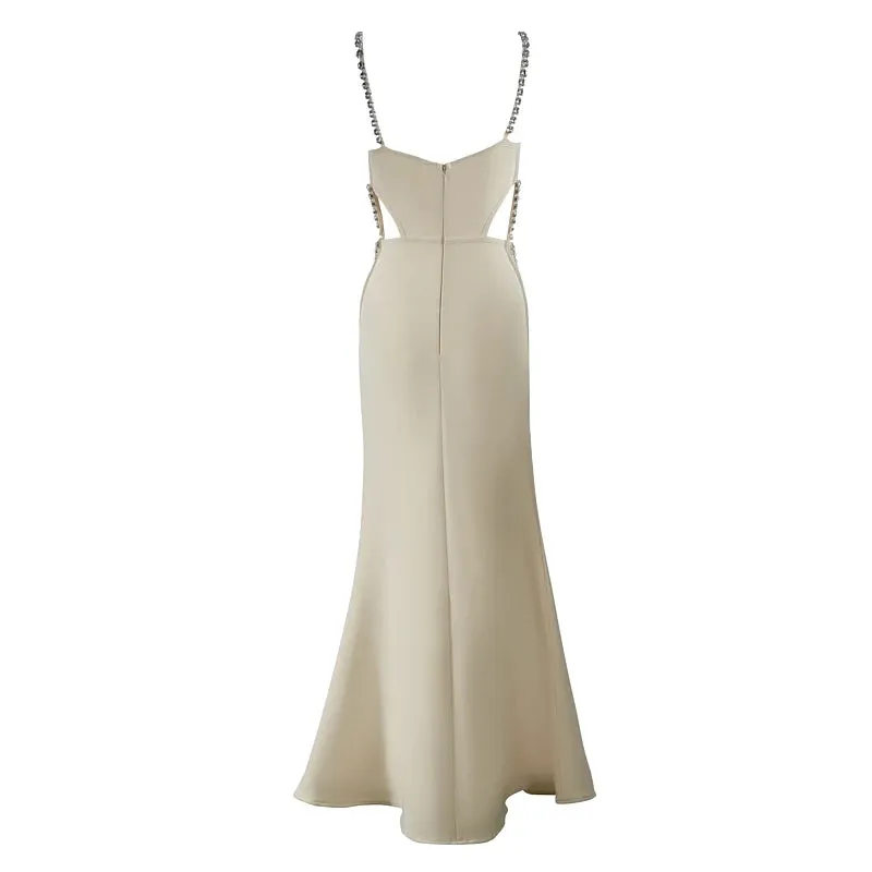 New Fashion Sexy Evening Dress Beading Cut Out Diamonds Beige Long Maxi Bandage Dress Elegant Evening Wedding Party Prom Dress
