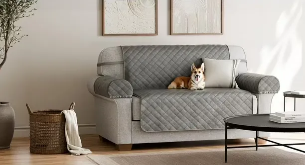 NEW SmartFit Plush Fabric Loveseat Furniture Cover, 3-Piece, Grey, Fabric furniture cover