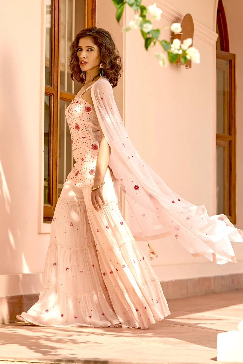 Nude Peach Embroidered Strappy Sharara Set
