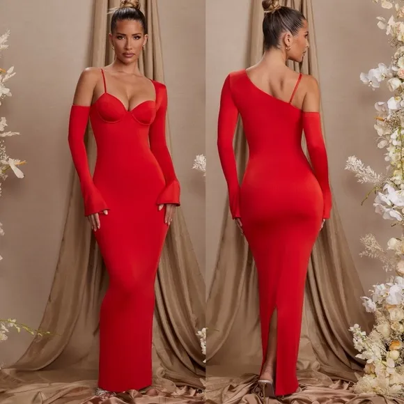 NWT OH POLLY Isolde Long Sleeve Off The Shoulder Maxi Dress In Red Size 10