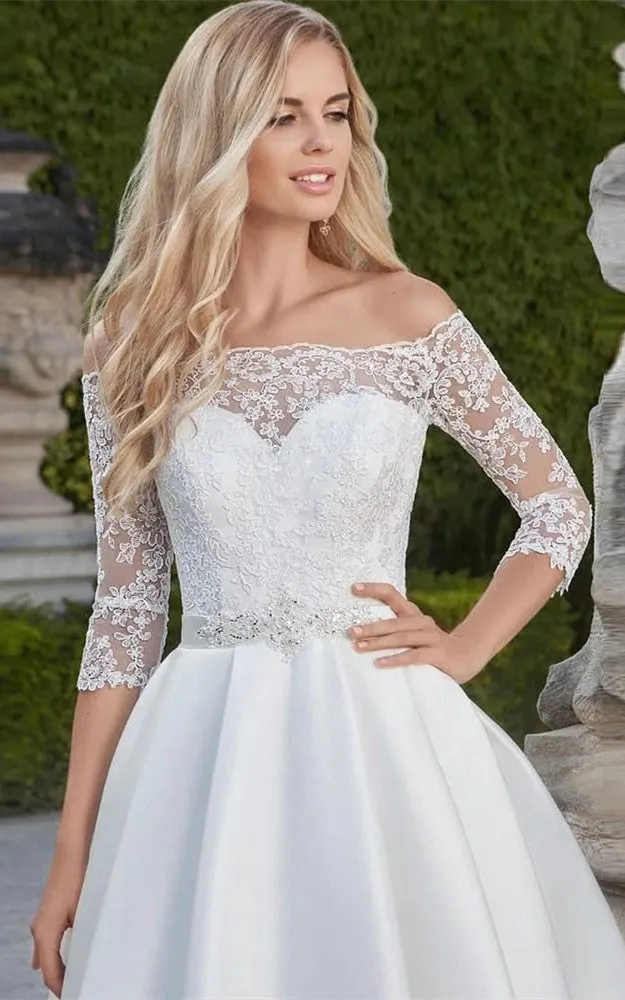 Off-the-shoulder A Line Satin Knee-length Wedding Dress with Sash-716089