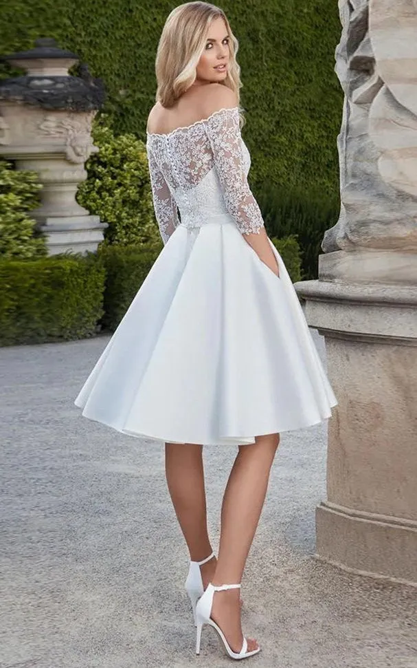 Off-the-shoulder A Line Satin Knee-length Wedding Dress with Sash-716089
