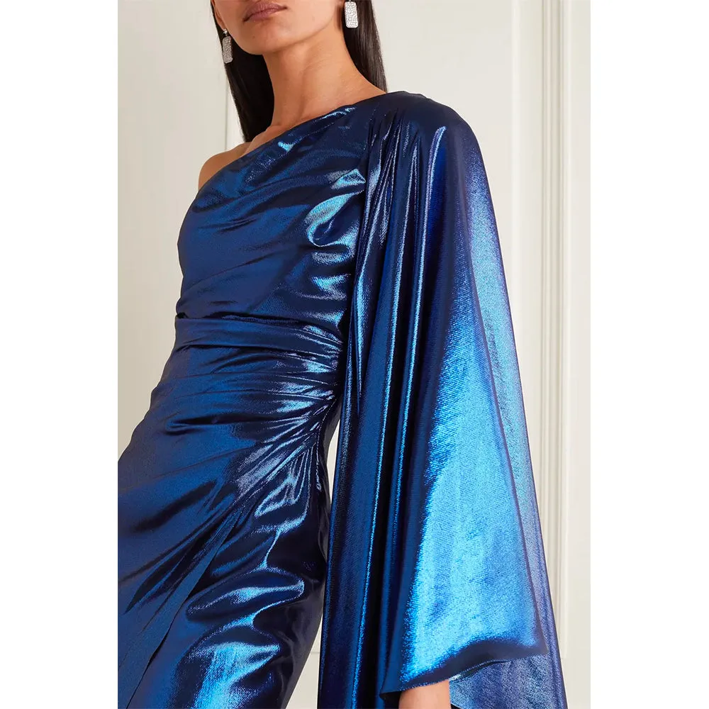 One-Sleeve Draped Silk-Blend Lamé Gown