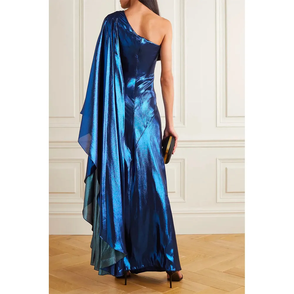 One-Sleeve Draped Silk-Blend Lamé Gown