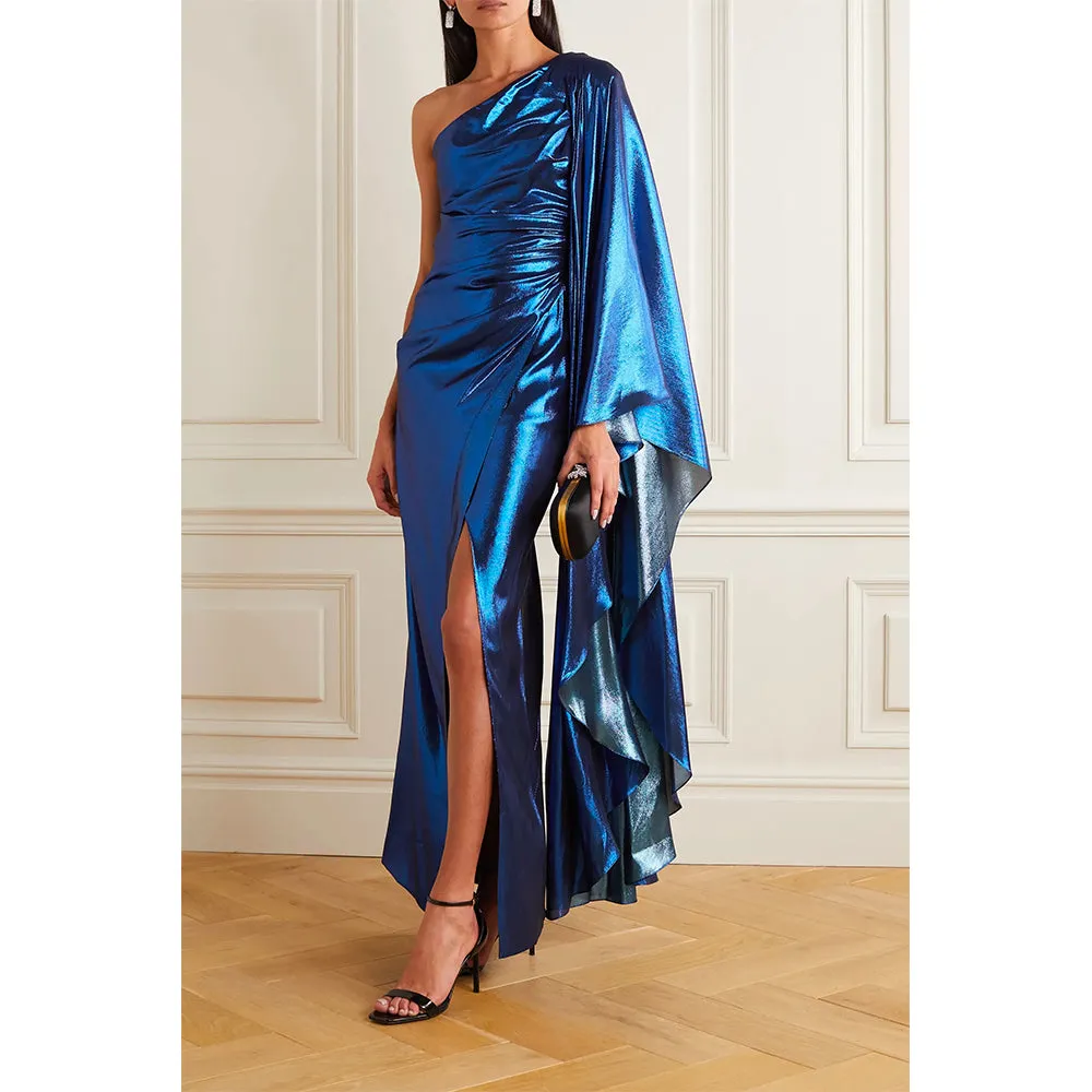One-Sleeve Draped Silk-Blend Lamé Gown
