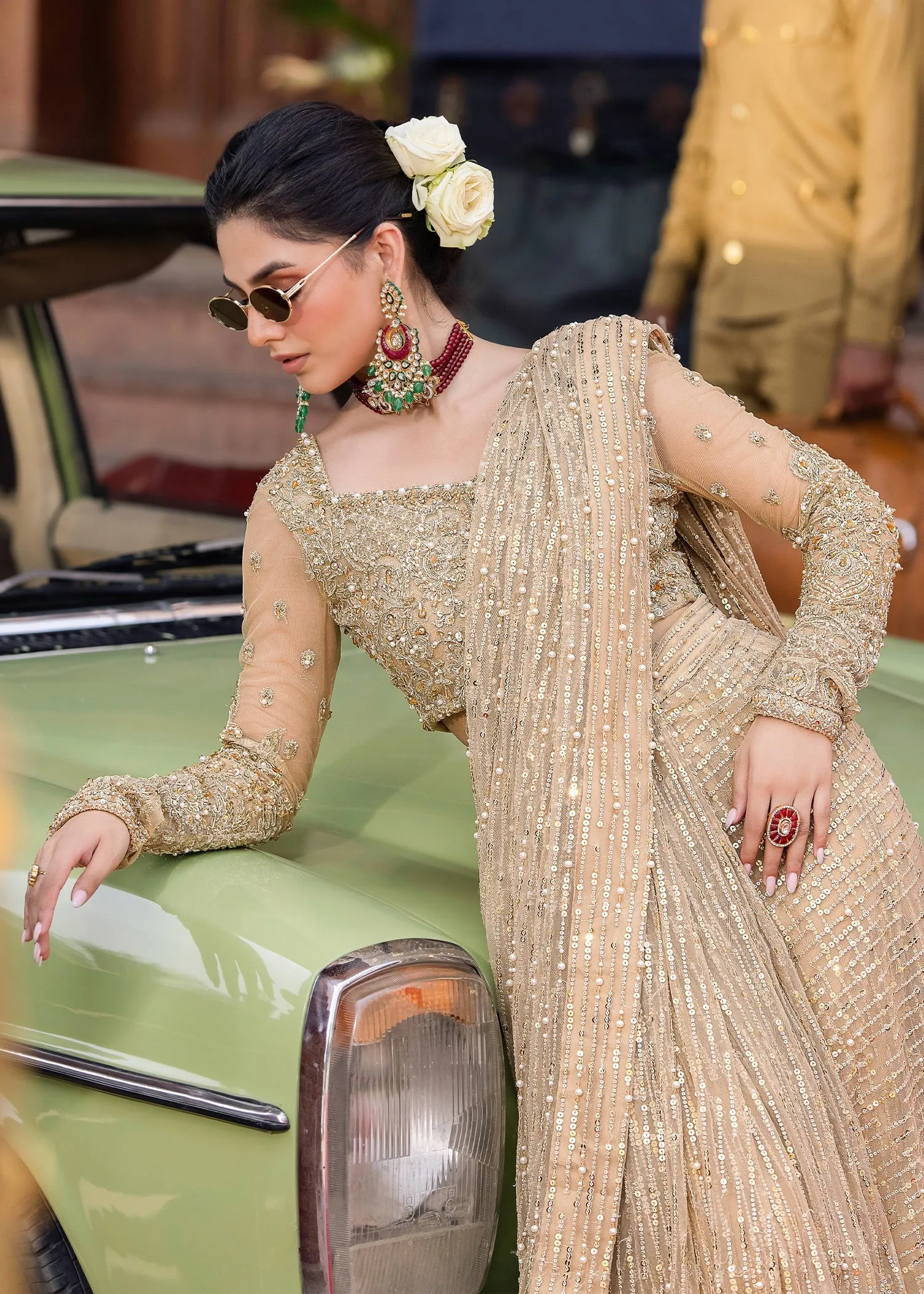 Pakistani Bridal Dress in Golden Saree Blouse Style