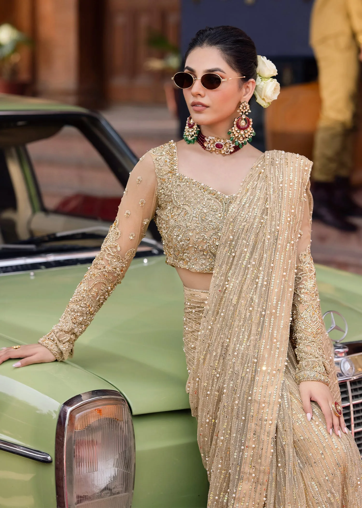 Pakistani Bridal Dress in Golden Saree Blouse Style