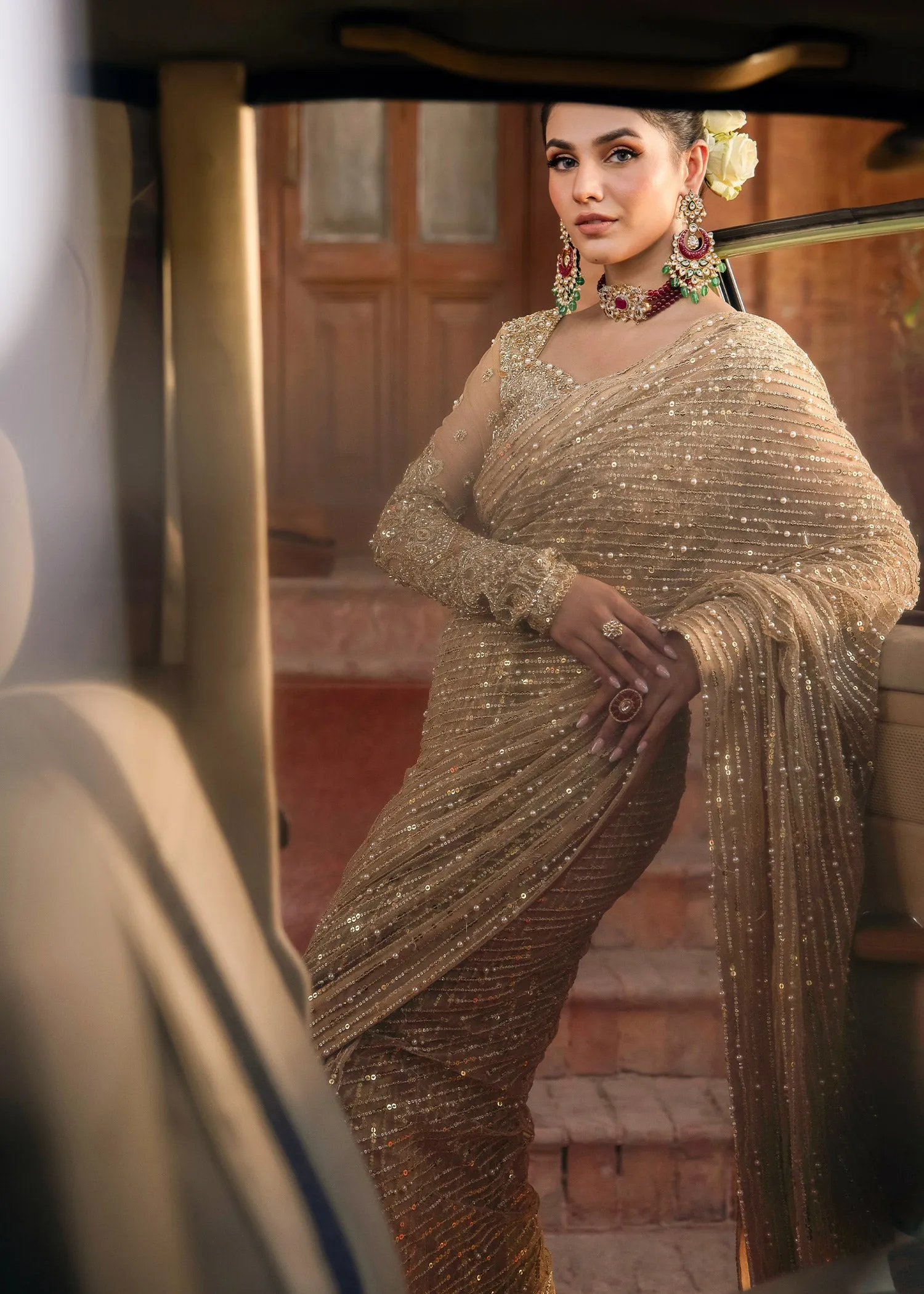 Pakistani Bridal Dress in Golden Saree Blouse Style