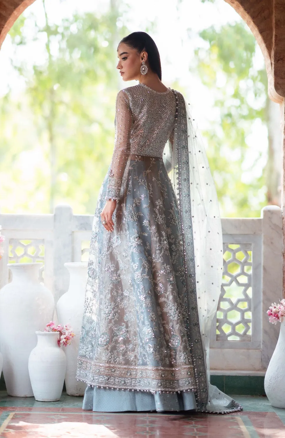 Pakistani Bridal Dress in Lehenga and Open Gown Style