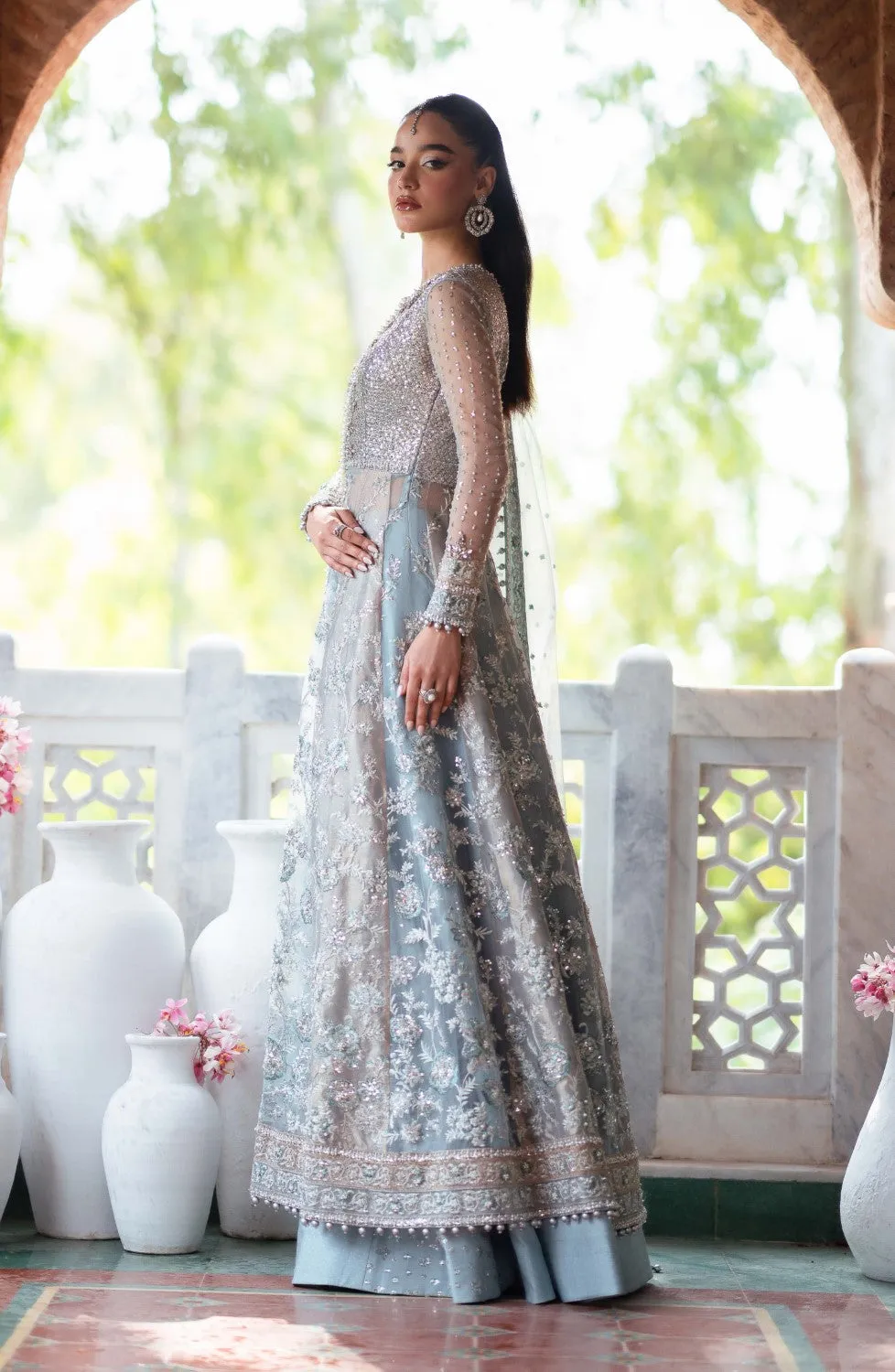 Pakistani Bridal Dress in Lehenga and Open Gown Style