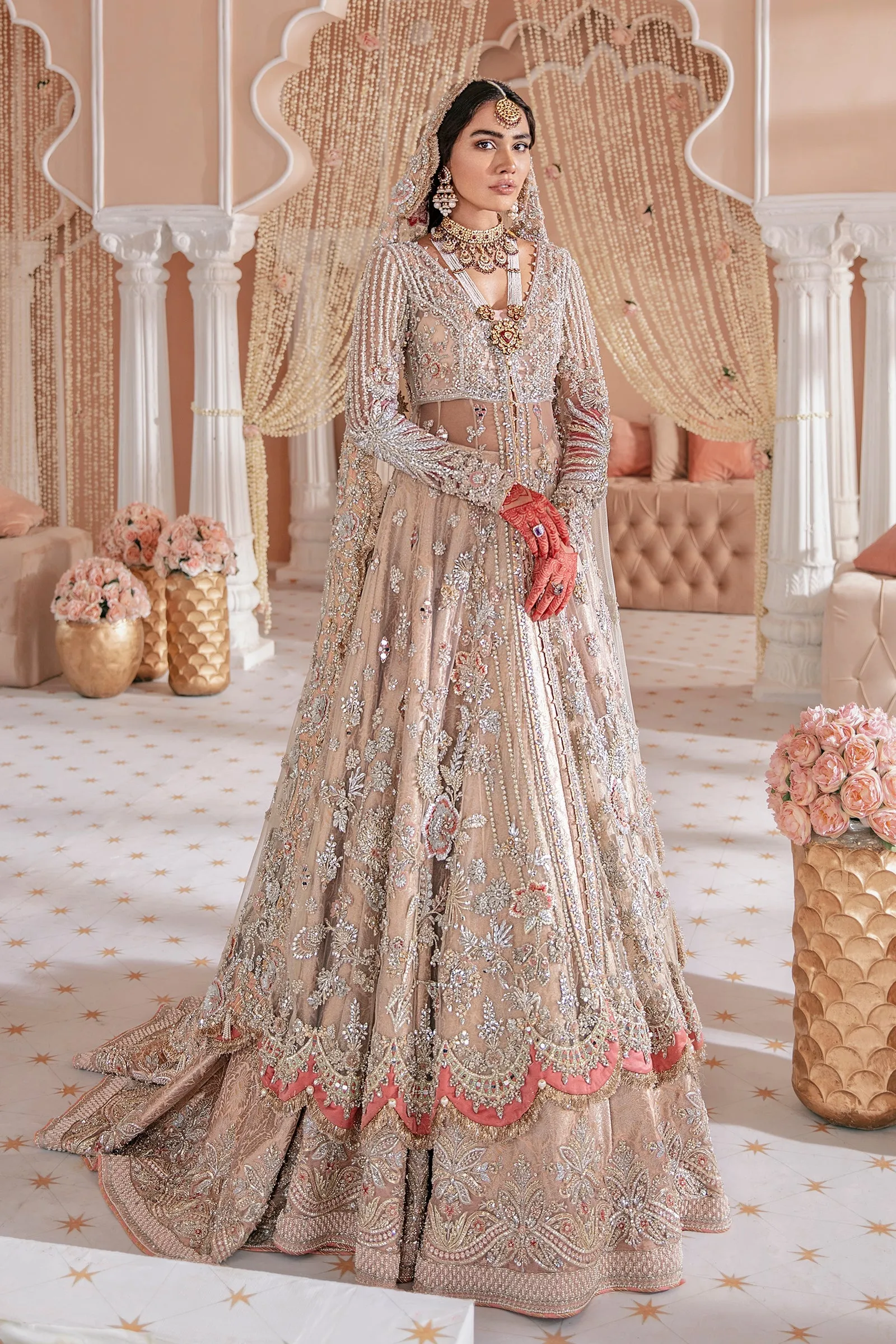 Pakistani Bridal Dress in Open Frock and Lehenga Style