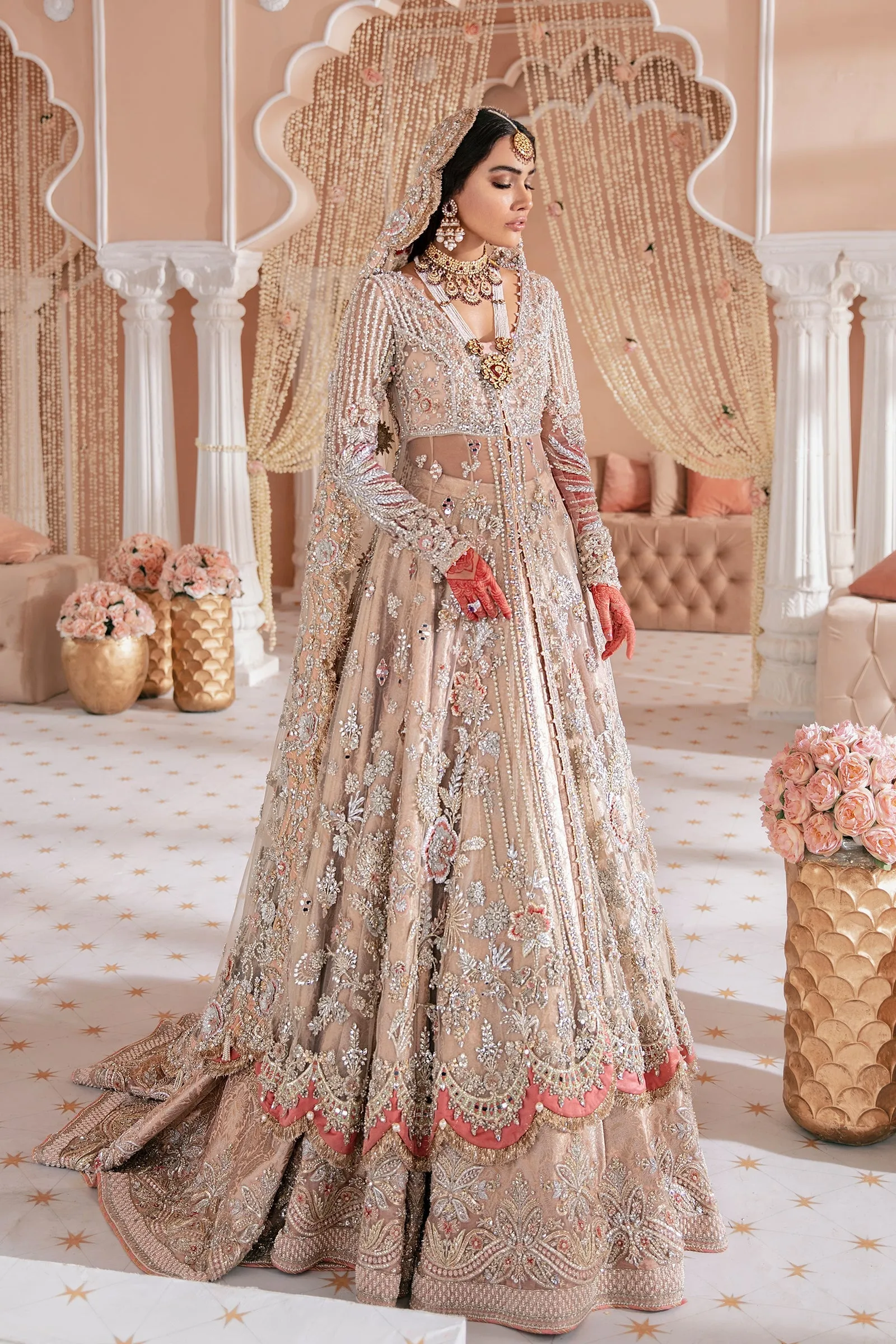 Pakistani Bridal Dress in Open Frock and Lehenga Style