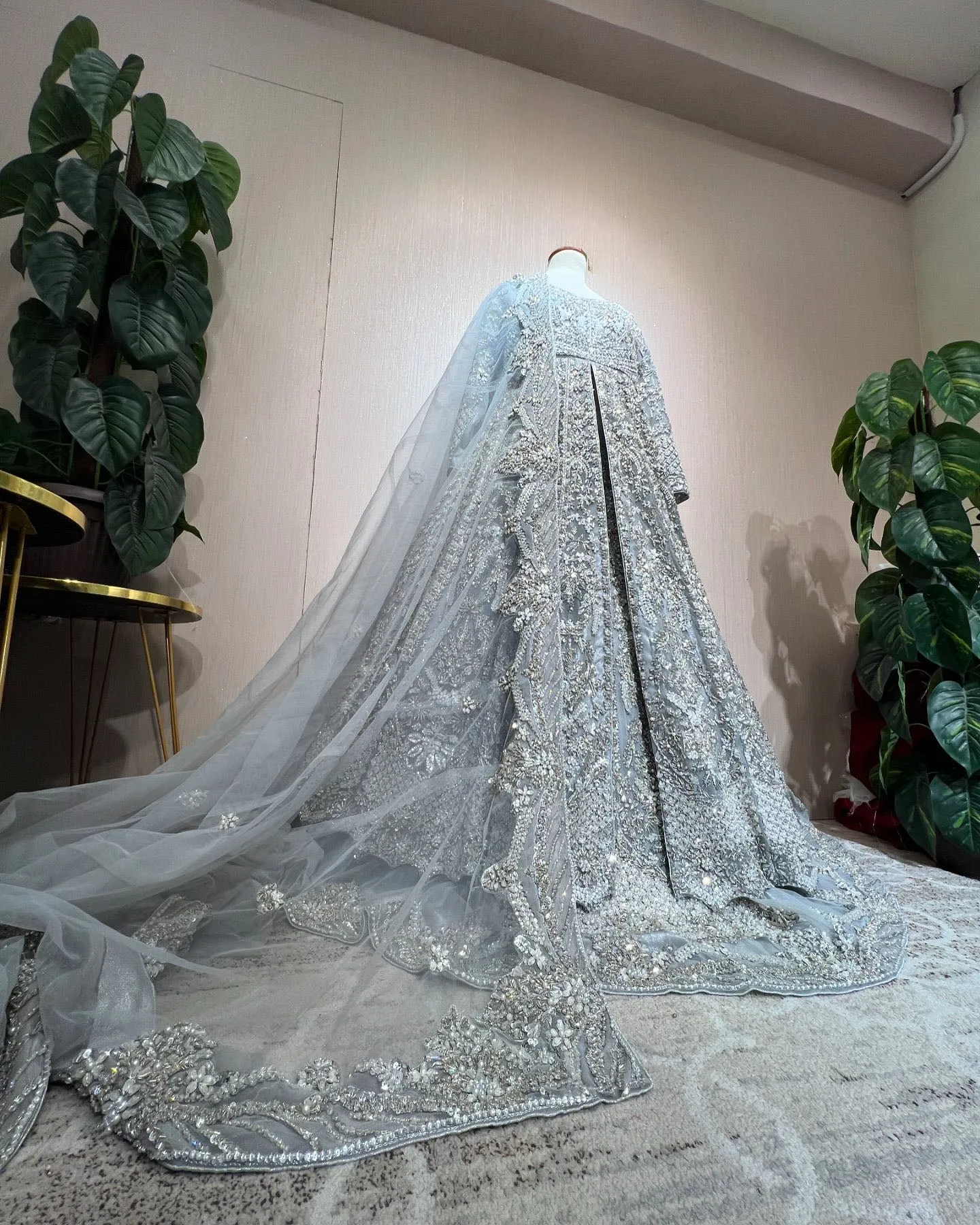 Pakistani Bridal Dress in Open Gown and Lehenga Style