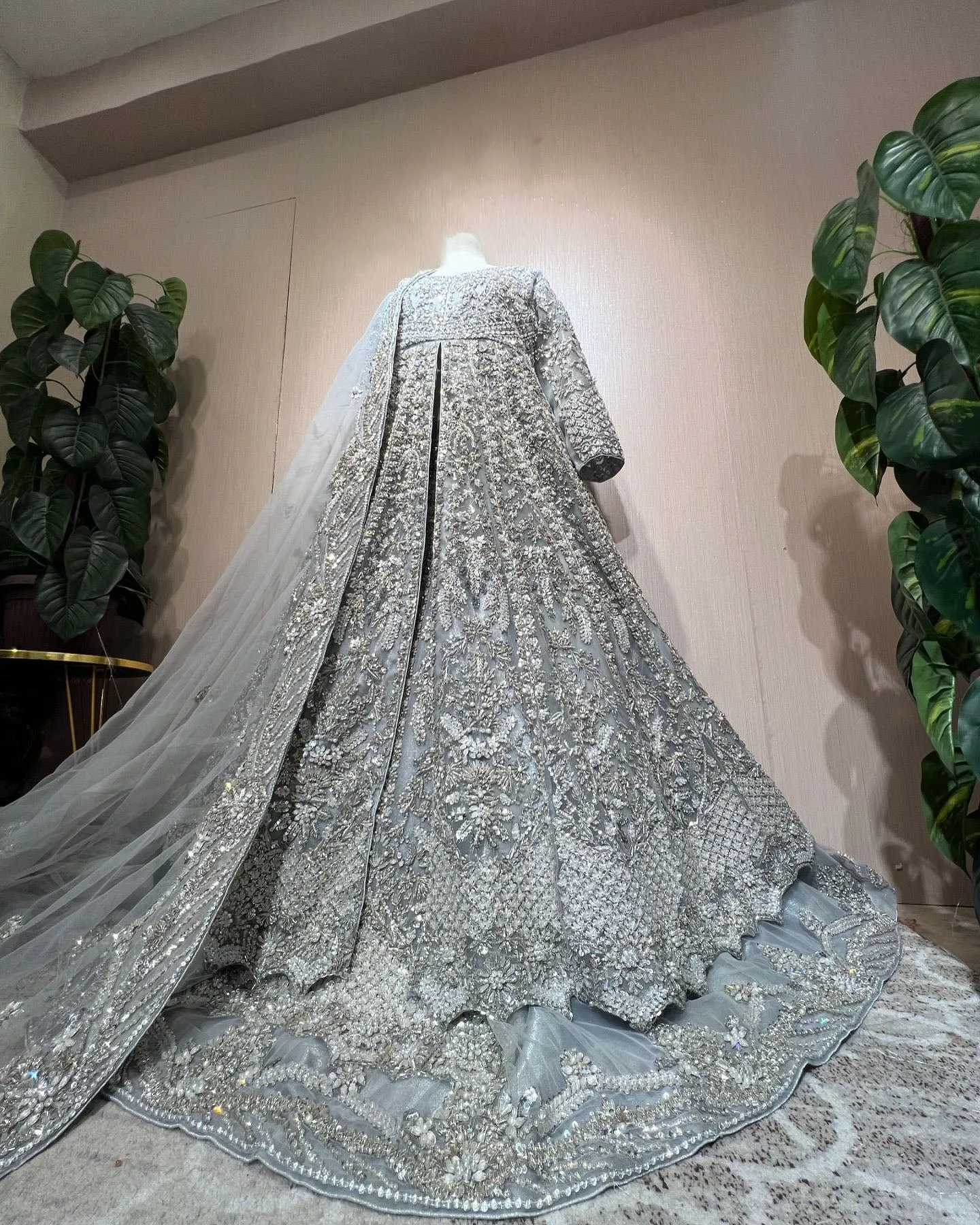 Pakistani Bridal Dress in Open Gown and Lehenga Style