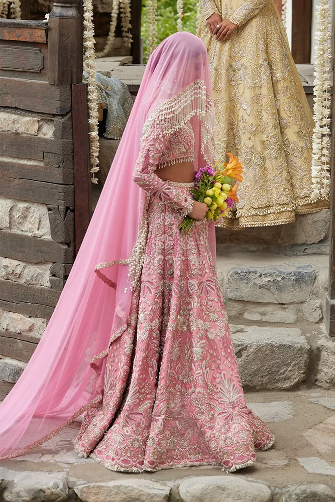 Pakistani Bridal Dress in Pink Choli and Lehenga Style