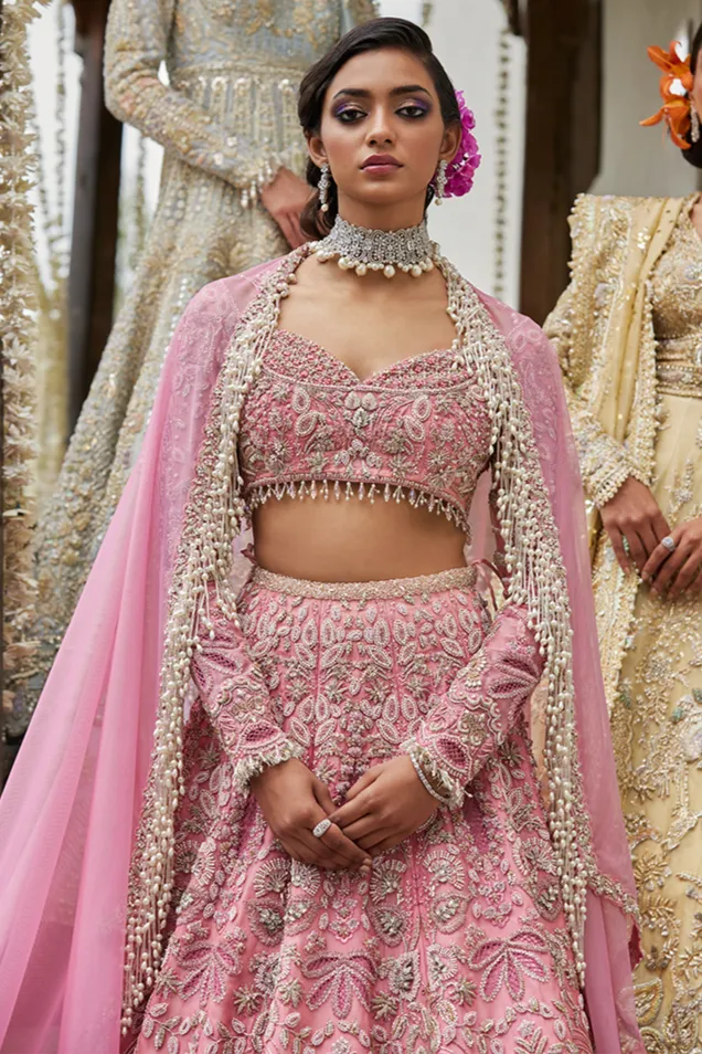 Pakistani Bridal Dress in Pink Choli and Lehenga Style