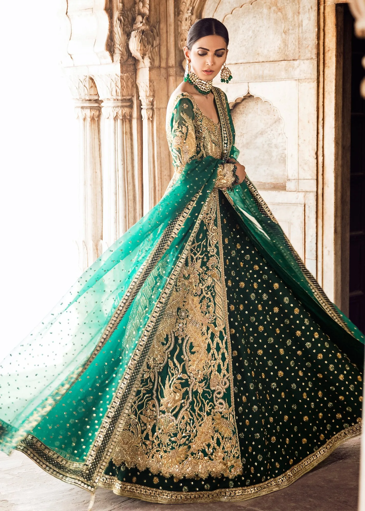 Pakistani Bridal Lehnga in Emerald Green for Wedding #J5119