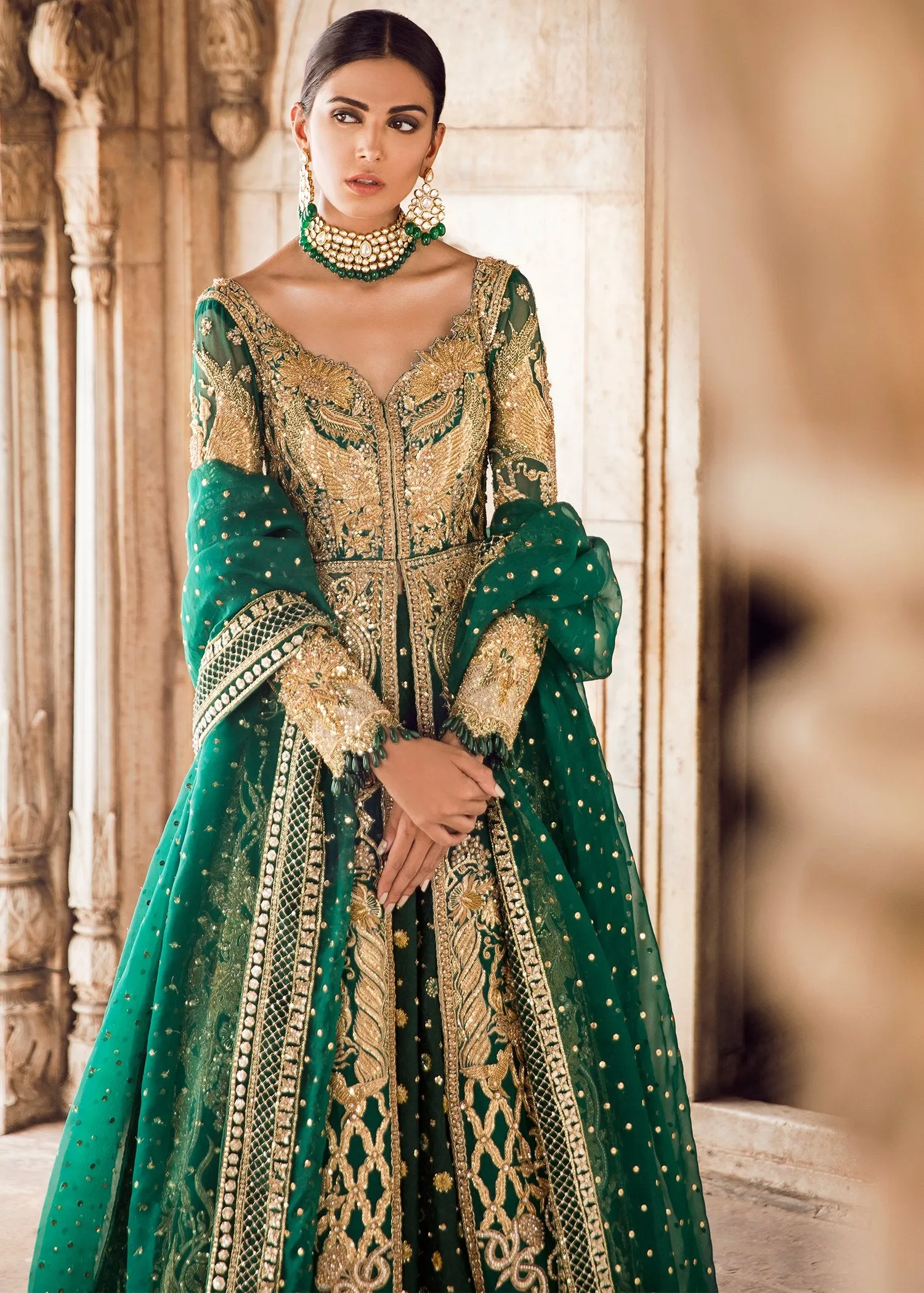 Pakistani Bridal Lehnga in Emerald Green for Wedding #J5119