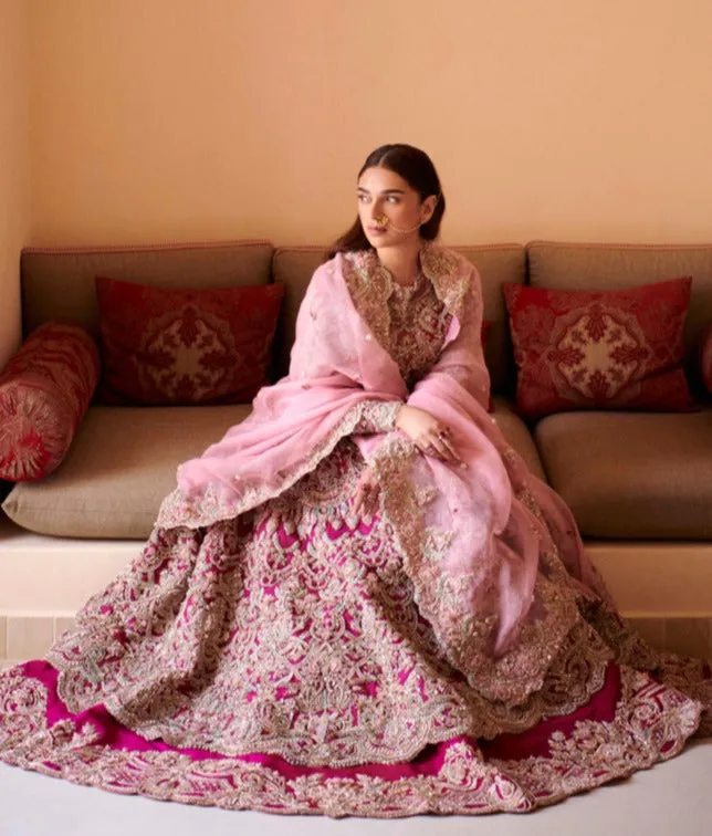 Pakistani Bridal Pishwas Frock with Lehenga and Dupatta