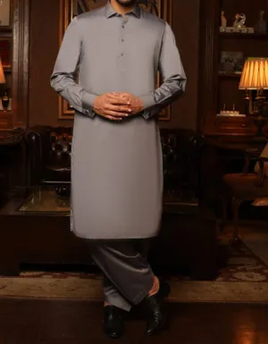 Pakistani eid dress for boys in grey color with machine embroidery # K2350