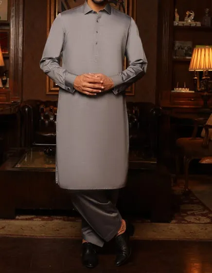 Pakistani eid dress for boys in grey color with machine embroidery # K2350