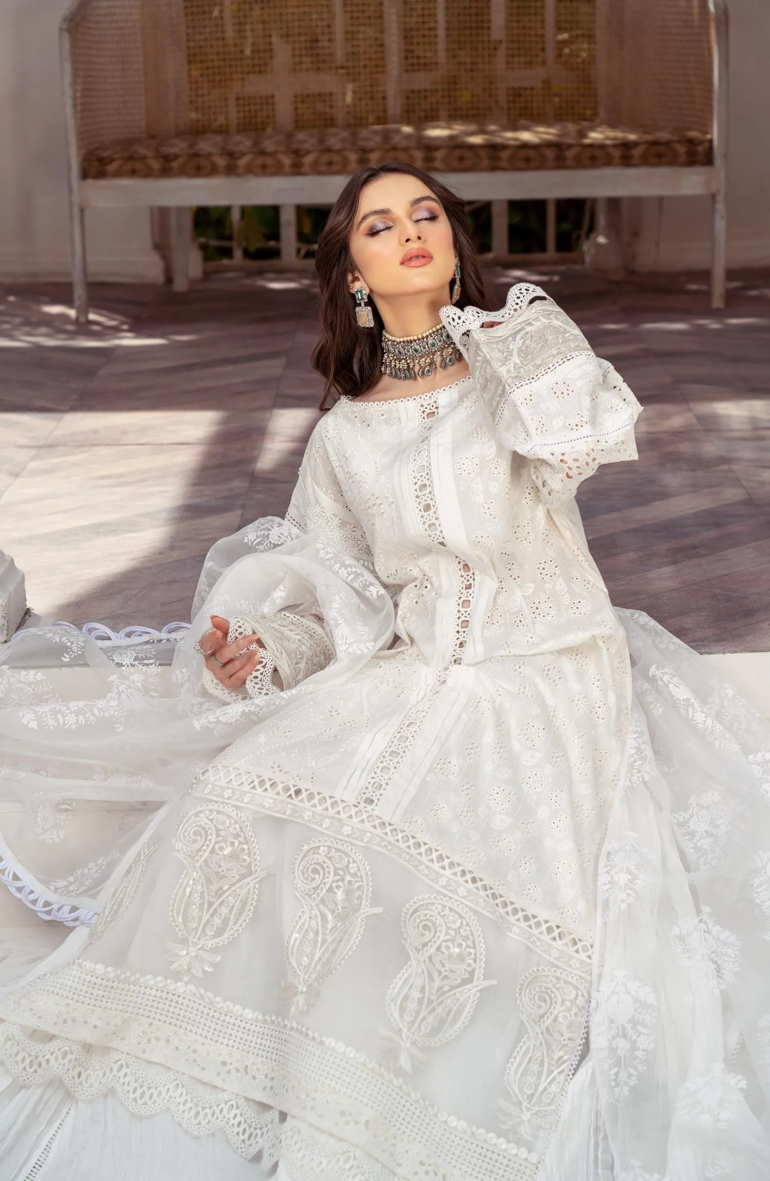 Pakistani Party Dress in White Kameez Trouser Style