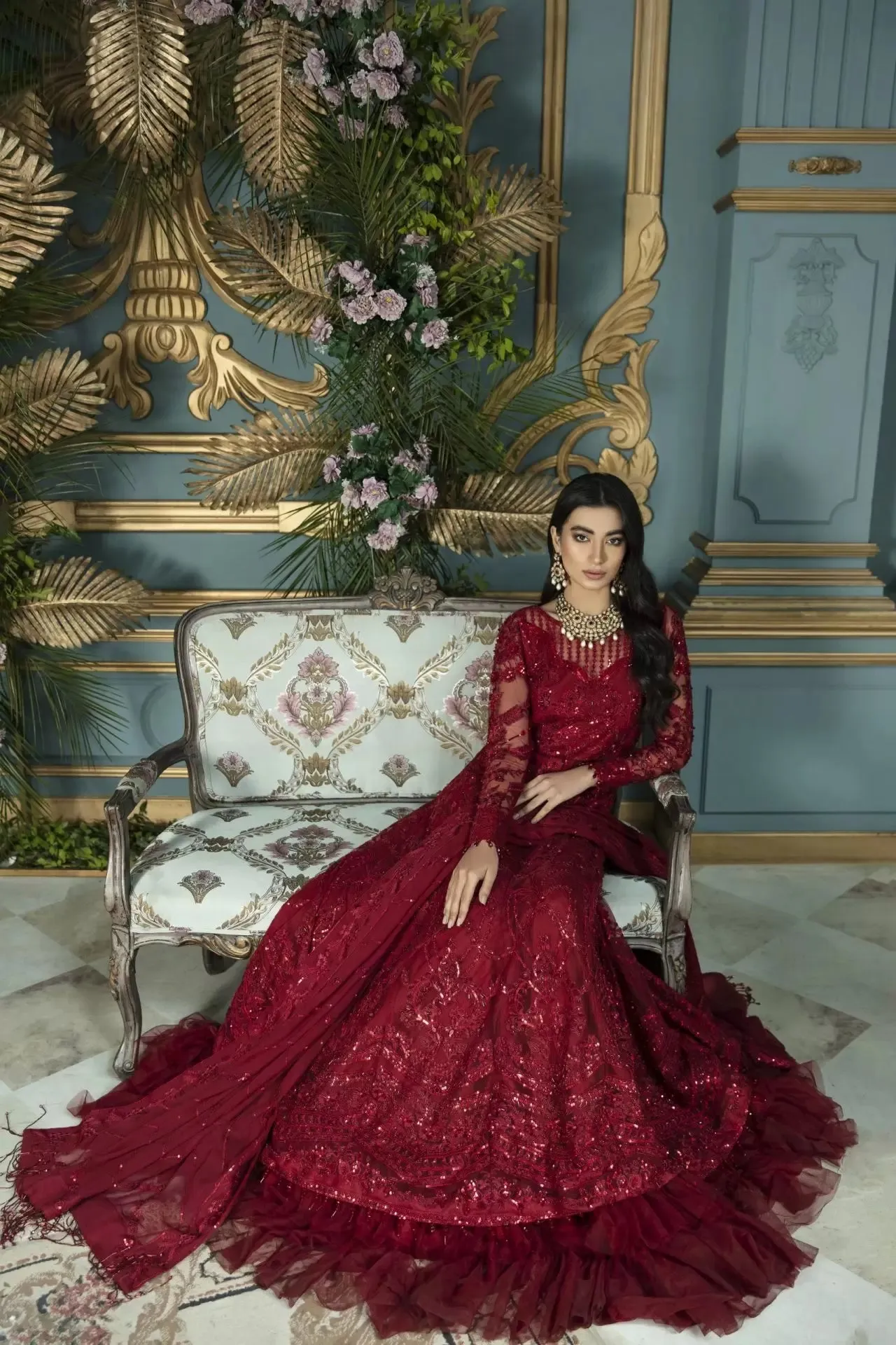 Pakistani Red Dress in Traditional Pishwas Frock Style
