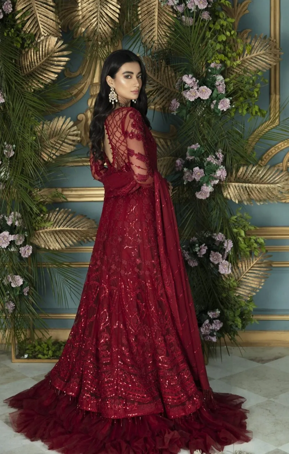 Pakistani Red Dress in Traditional Pishwas Frock Style
