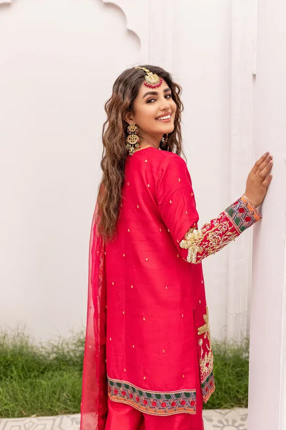 Pakistani Reddish Pink Kameez Trouser and Dupatta Dress