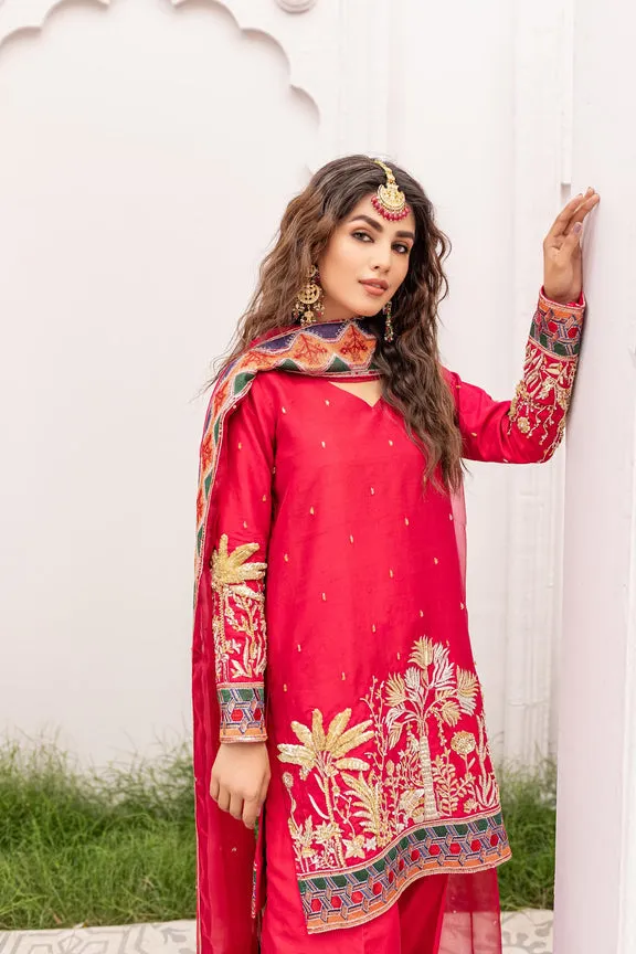Pakistani Reddish Pink Kameez Trouser and Dupatta Dress