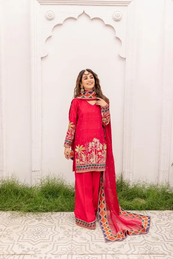 Pakistani Reddish Pink Kameez Trouser and Dupatta Dress