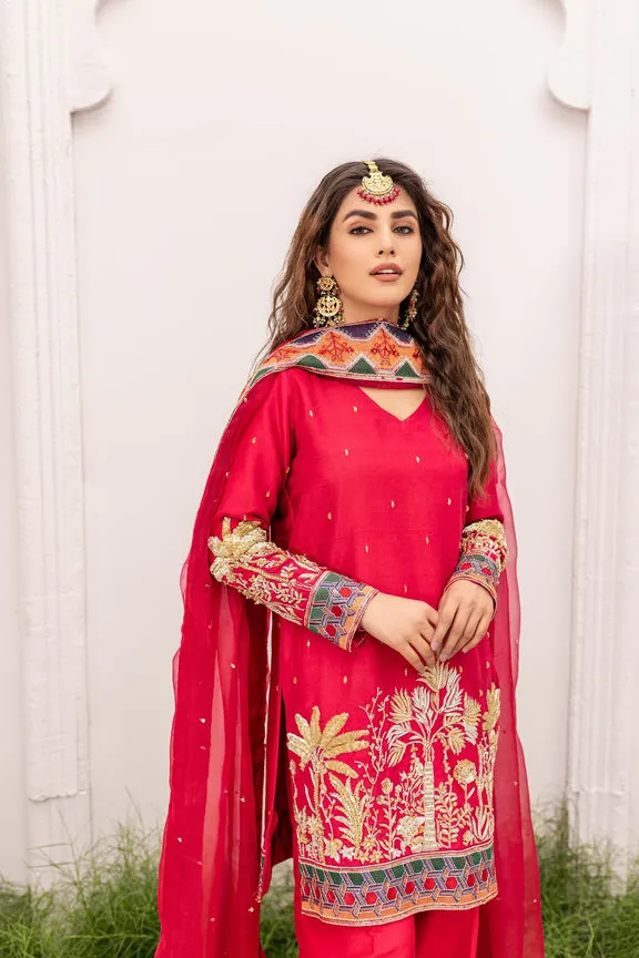 Pakistani Reddish Pink Kameez Trouser and Dupatta Dress