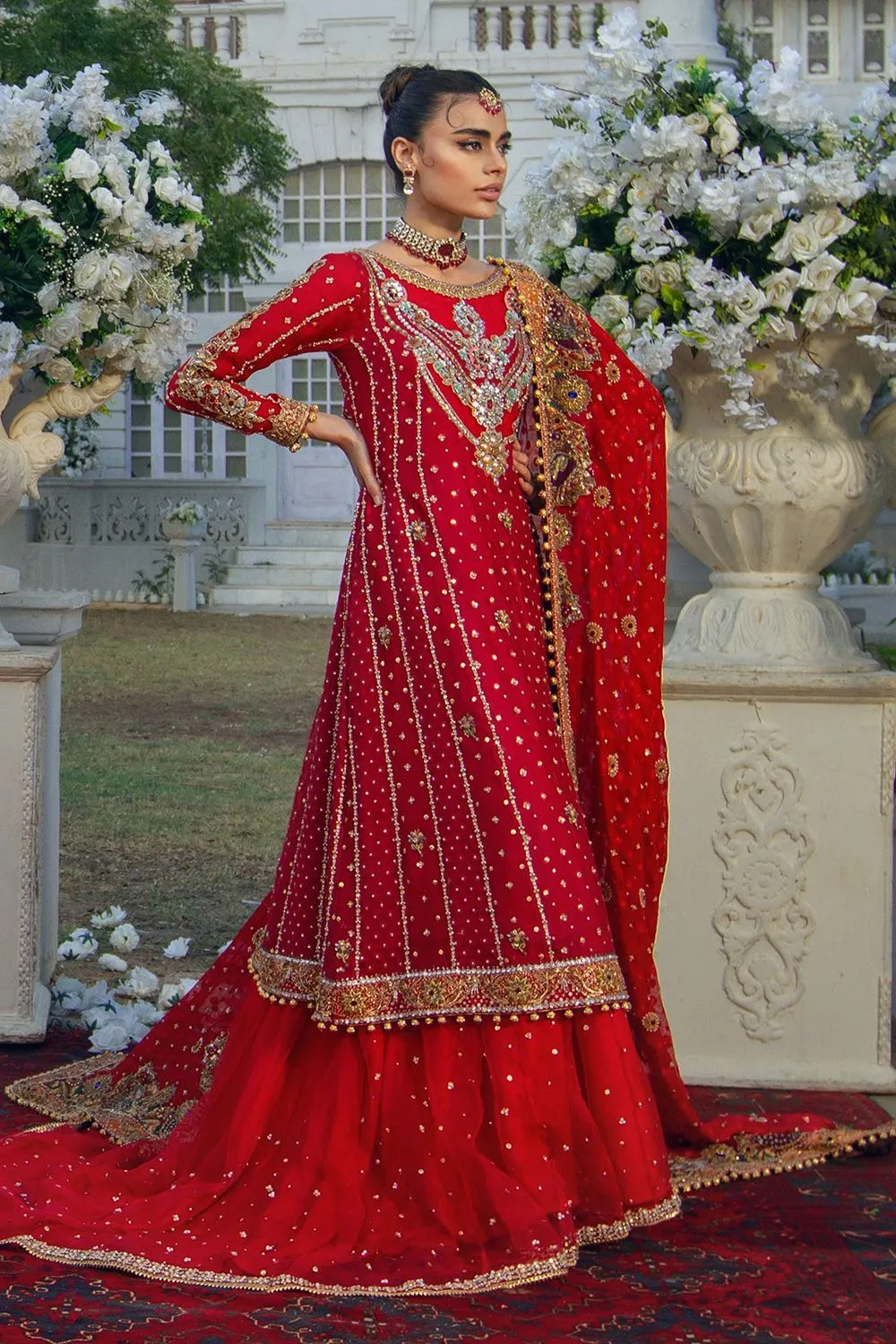 Pakistani Tail Lehenga Frock Bridal Dress in Red #BS915