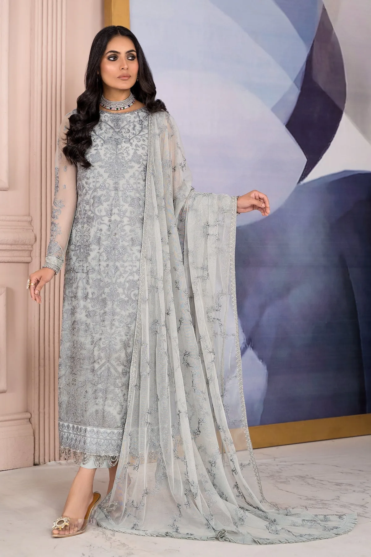 Pakistani Wedding Dress in Net Kameez Trouser Style