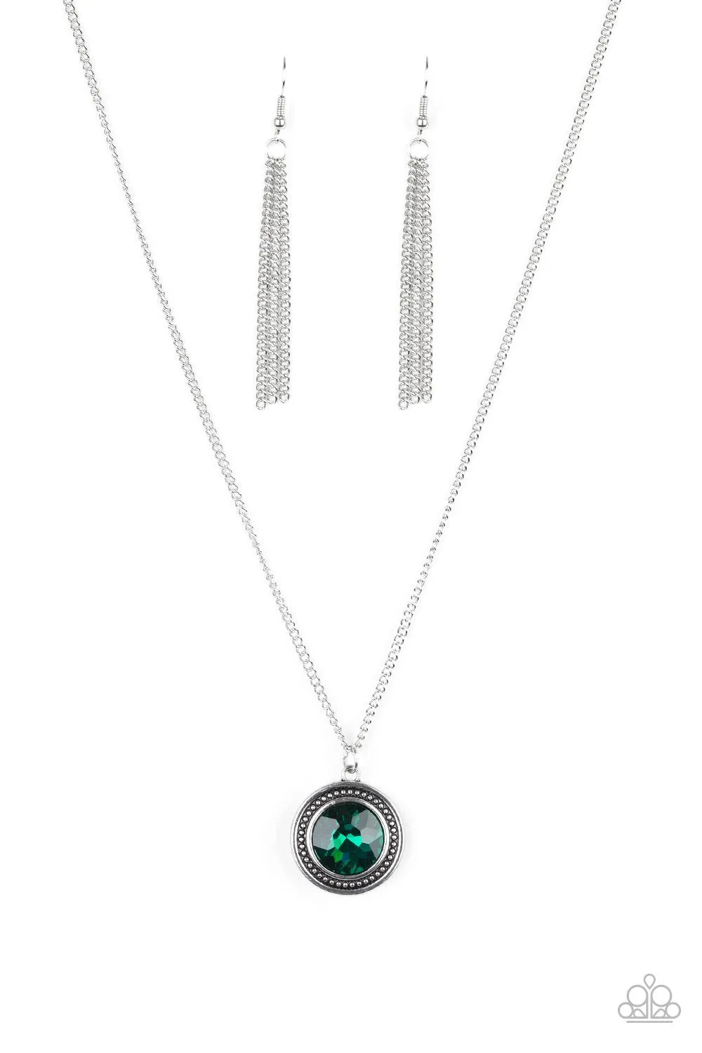 Paparazzi " Mega Money " Silver Metal & Green Faceted Rhinestone Necklace Set