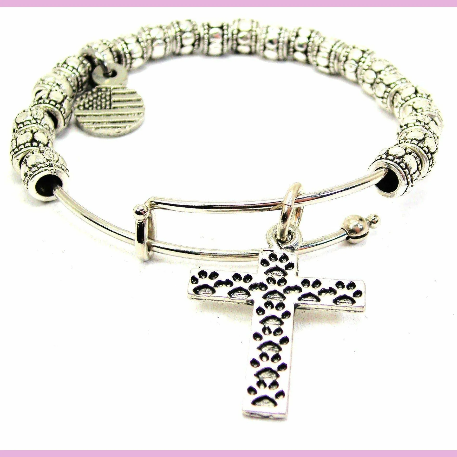 Paw Print Cross Metal Beaded Bracelet