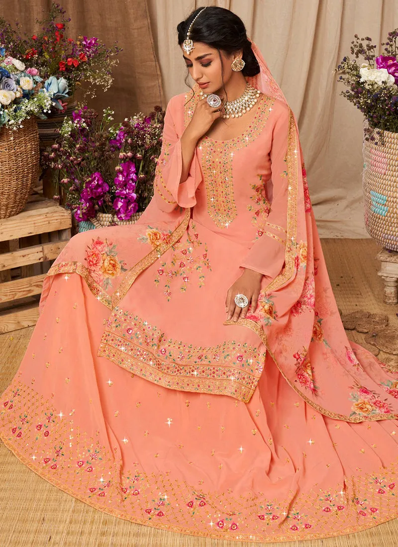 Peach Kashmiri Embroidery Lehenga Kurti And Dupatta