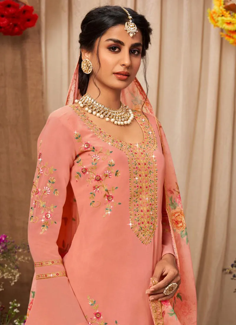 Peach Kashmiri Embroidery Lehenga Kurti And Dupatta