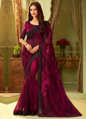 Plum Purple And Black Contrast Minimalist Embroidered Saree