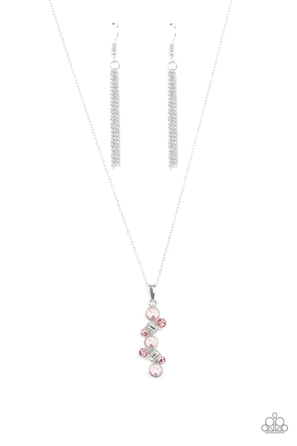 "Classically Clustered" Silver Metal Pink & Clear/White Rhinestone Necklace Set