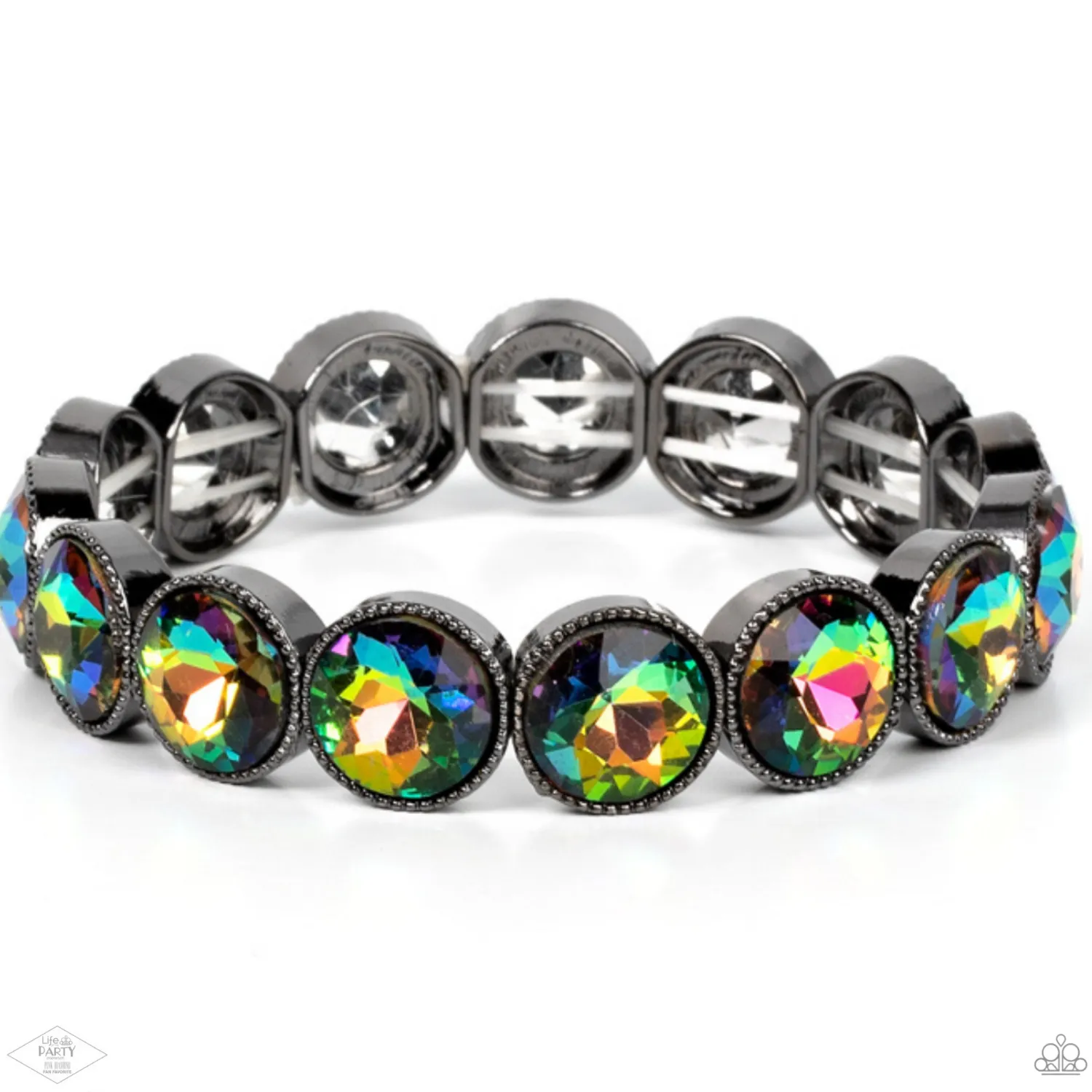 "Number One Knockout" Silver Metal Multi Oil Spill Rhinestone Stretch Bracelet