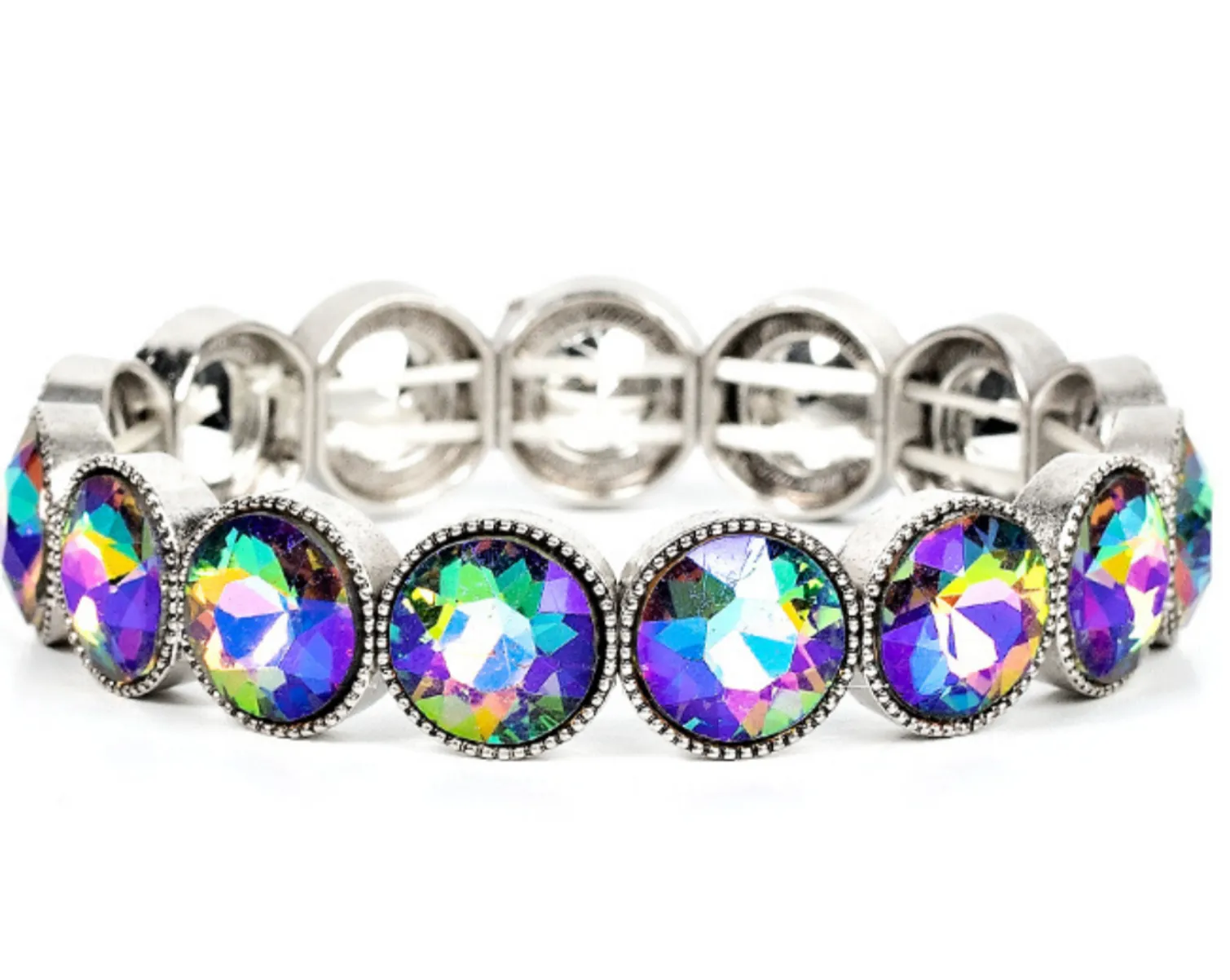 "Number One Knockout" Silver Metal Multi UV Iridescent Rhinestone Stretch Bracelet