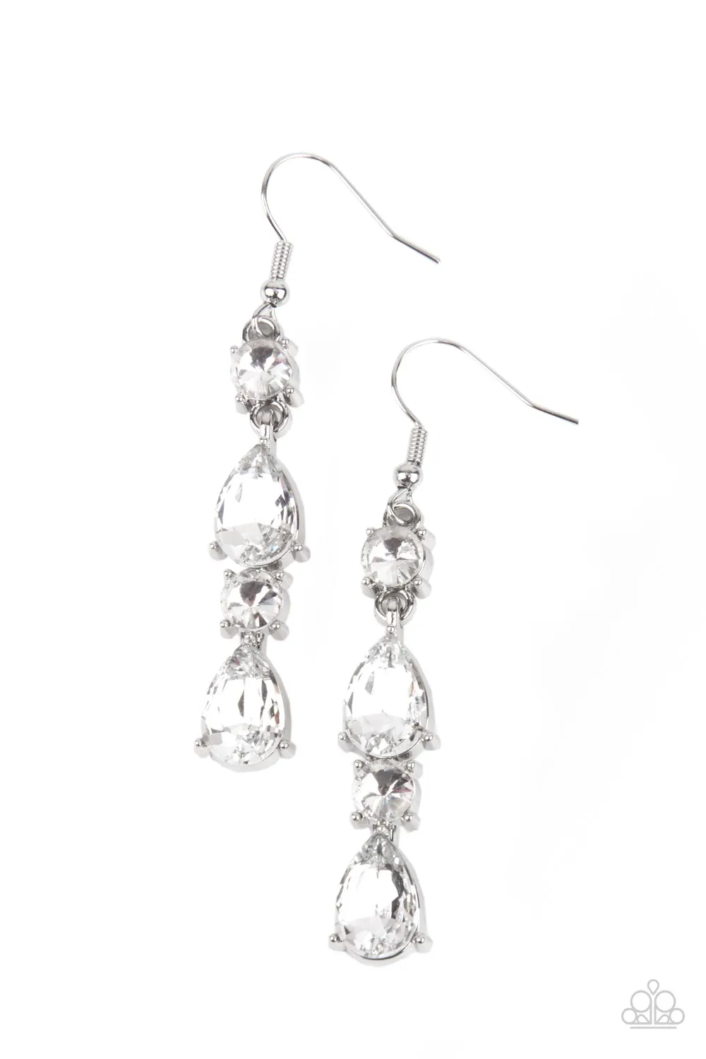 "Raise Your Glass to Glamour" Silver Metal & Three Tier White Rhinestone Earrings