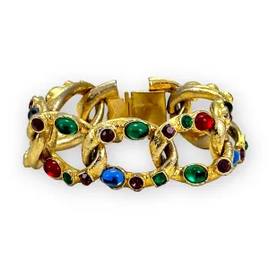Rare Vintage Chunky Multi Color Cabochon Crystals in Gold Plated Curb Link Bracelet