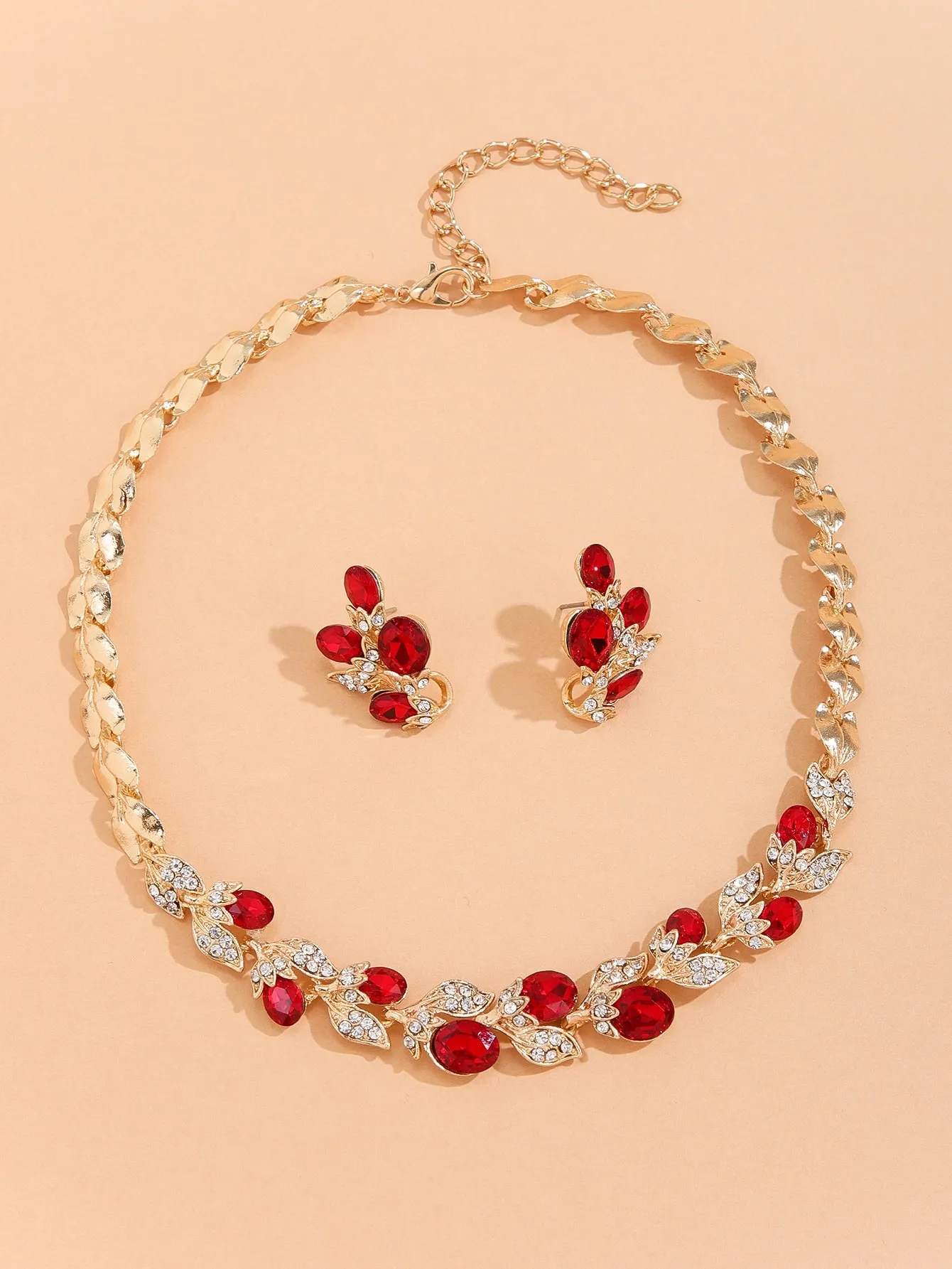 Rhinestone Leaf Decor Necklace & Earrings- Red