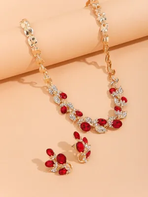 Rhinestone Leaf Decor Necklace & Earrings- Red