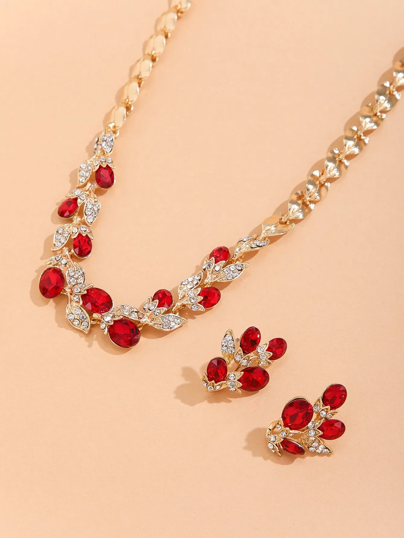 Rhinestone Leaf Decor Necklace & Earrings- Red